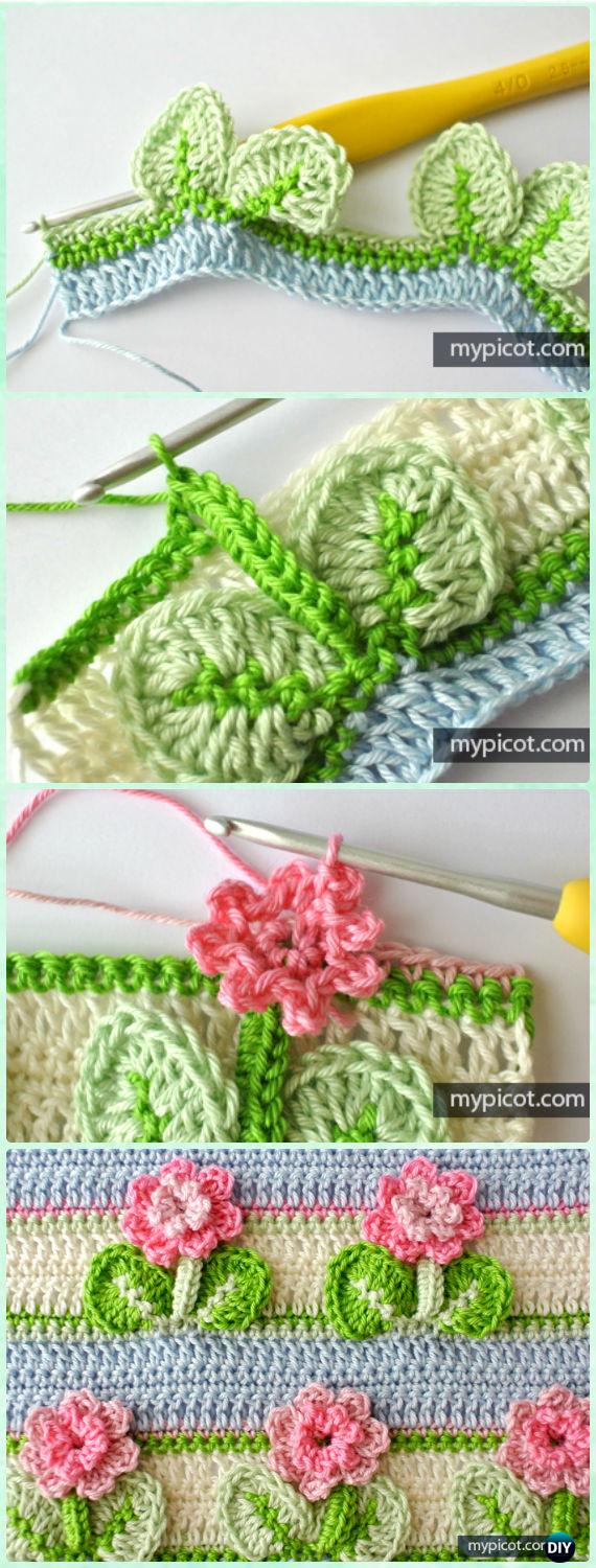 Crochet 3D Flower Stitch with Leaf Free Pattern - Crochet Flower Stitch Free Patterns 