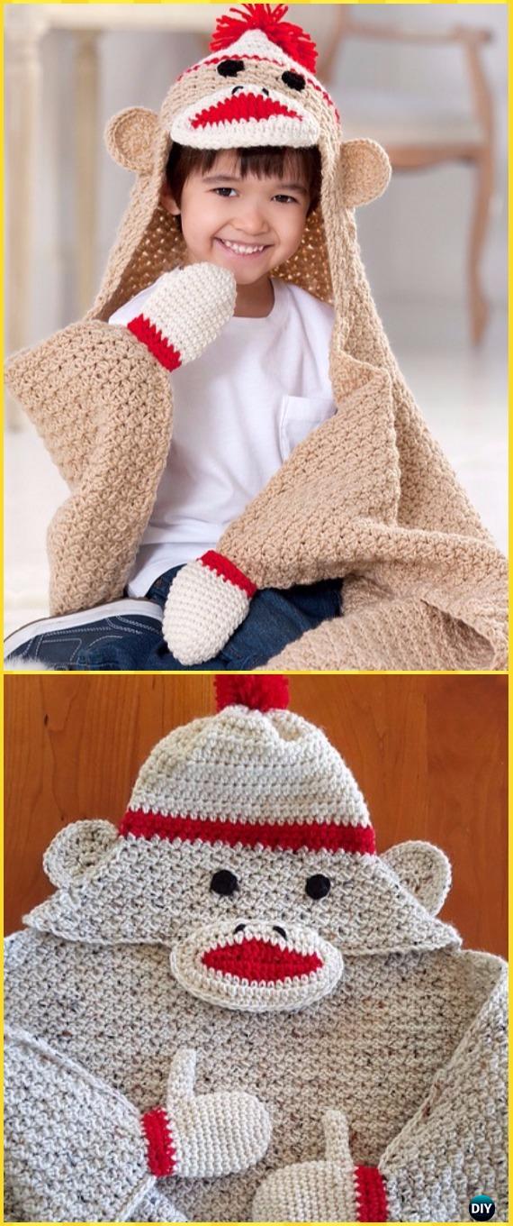Crochet Hooded Sock Monkey Blanket Free Pattern - Crochet Hooded Blanket Free Patterns