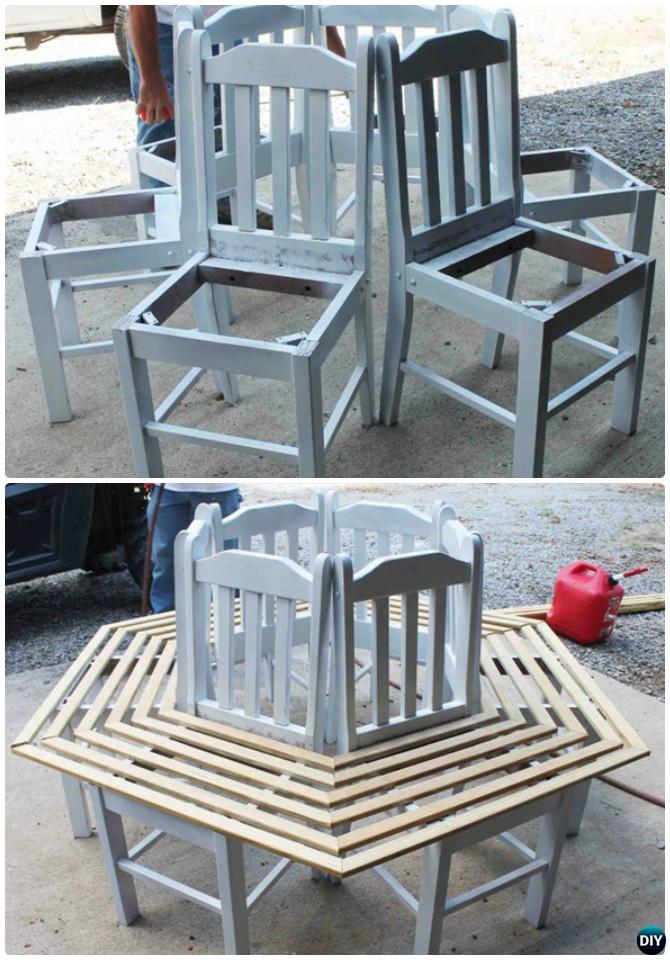 DIY Recycled Chair Around Tree Bench Instruction-- Ways to Repurpose Old Chairs DIY Ideas 