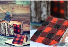 A Lumberjack Cake With An Edible Axe And A Plaid Pattern Inside